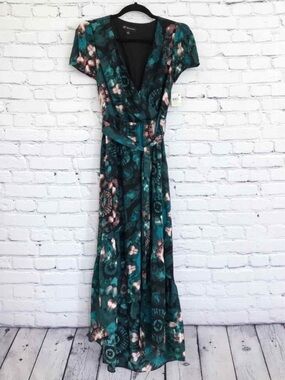 New INC Maxi Dress green Tie dye Short Sleeve Sash belt Size 4